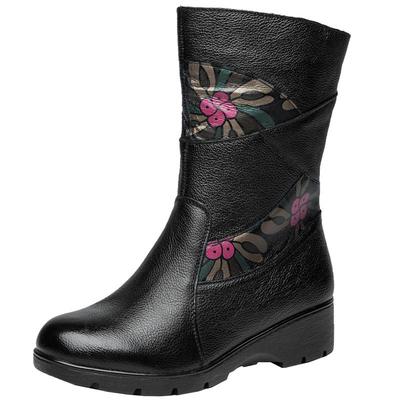 全头层牛皮真皮短靴中老年妈妈鞋坡跟女士皮靴保暖软底防滑女靴子