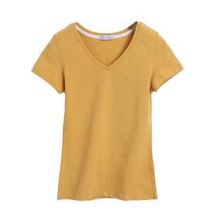 2022棉T恤女短袖修身显瘦百搭紧身V领打底衫女装黑色夏季韩版上衣