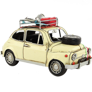 复古铁艺老爷车模型1965年菲亚特500旅行汽车摆件铁艺工艺品礼物