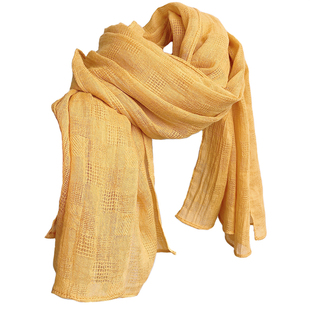 姜黄色棉麻手感镂空纯色韩版披肩春秋细长条小丝巾女春夏护颈围巾