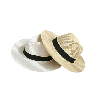 夏秋时尚百搭M标英伦爵士宽檐草帽子女遮阳巴拿马沙滩度假礼帽男