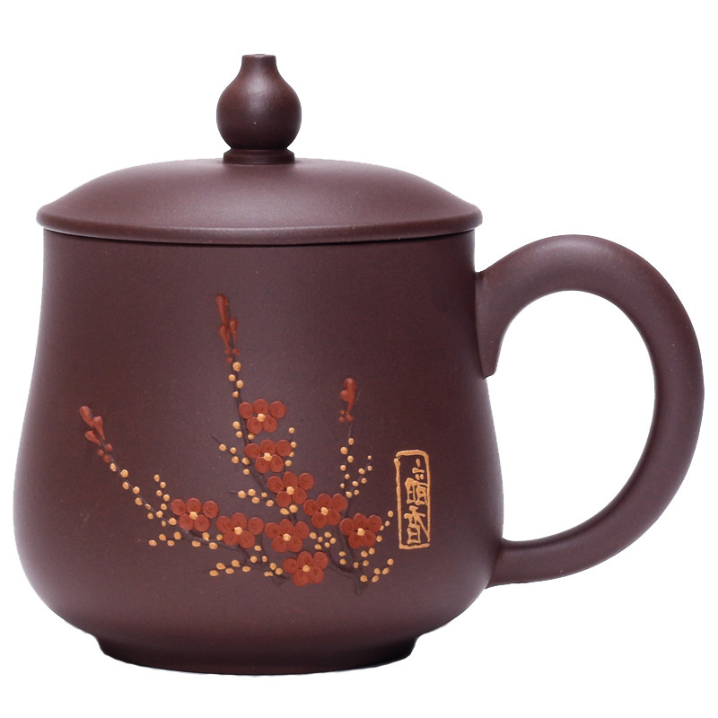 宜兴紫砂杯壶原矿紫泥手工贴梅花带盖泡茶家用水杯子非陶瓷办公杯