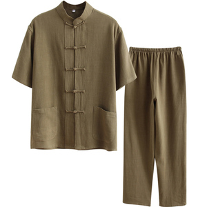 夏季新品亚麻中国风男士唐装套装短袖长裤复古汉服爷爷中式两件套