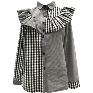 甜美荷叶边格子衬衫2023春秋新款韩版女装修身显瘦长袖上衣打底衫