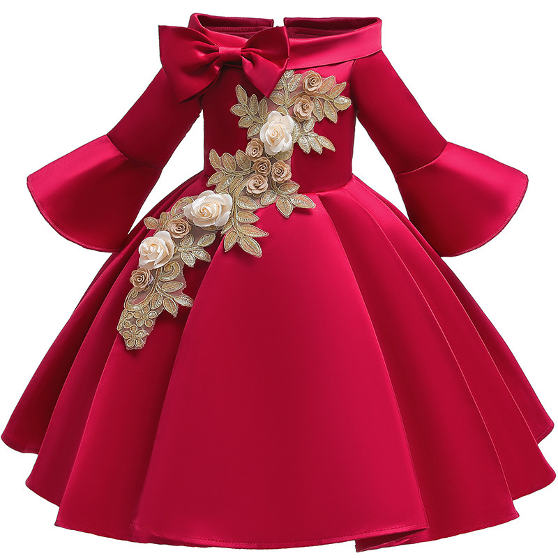 女童连衣裙中袖绣花儿童裙钢琴礼服裙红色露肩新年表演服公主童裙