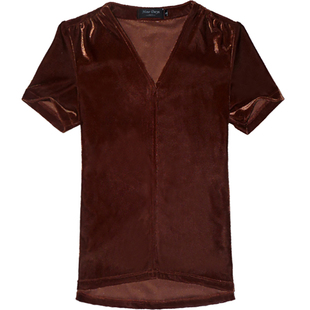 2023新款柔软真丝绒V领短袖廓形微弹上衣气质显瘦衬衫女桑蚕丝T恤