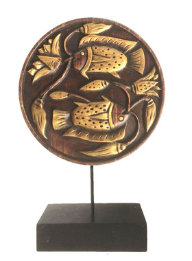 圆形莲年有鱼实木做旧创意摆设