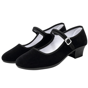 026舞蹈考级黑跟鞋民族舞蹈鞋胶州秧歌鞋高跟藏族女民间布鞋带跟