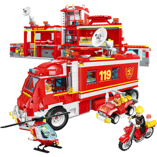 拼插积木火线救援船消防总局积木消防车城市儿童拼装玩具益智男生