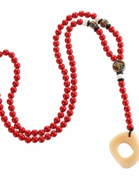 复古文艺时尚毛衣链朱砂配饰牛骨