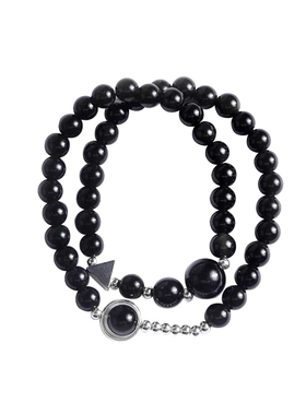 原创925银黑曜石几何手串