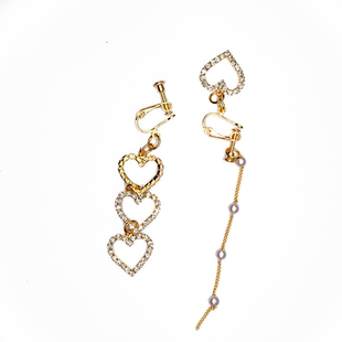 韩国镂空闪钻爱心形耳钉温柔甜美珍珠长款不对称耳环抖音网红同款