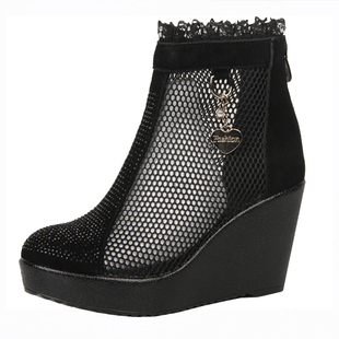春夏女鞋真皮短靴坡跟凉鞋女鱼嘴鞋女靴单靴网纱靴子镂空靴妈妈鞋