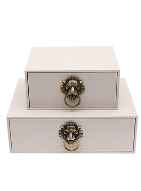 中式样板房软装摆件珠宝耳环木质铜狮环米白麻布收纳盒饰品首饰盒