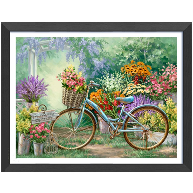 自行车与鲜花钻石画油画风格浪漫