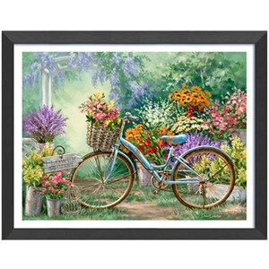 自行车与鲜花钻石画油画风格浪漫