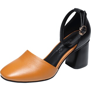 2026新款春夏季女鞋一字扣高跟鞋软皮粗跟包头凉鞋单鞋中跟真皮鞋