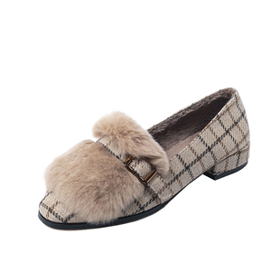 粗跟方头加绒女单鞋毛毛鞋女冬保暖外穿百搭中跟网红女豆豆鞋春秋