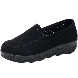 厚底夏季女鞋网鞋松糕底坡跟网眼工作鞋豆豆鞋老北京布鞋女款单鞋