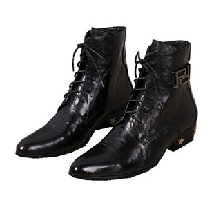 欧版潮男尖头牛皮靴子韩版男士休闲增高皮靴发型师个性夜店毛里靴