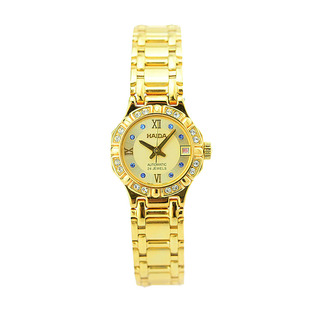 海达手表圆形大气金色白色带钻盘全自动机械女表库存全新