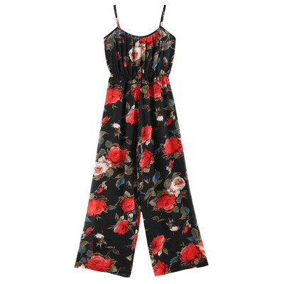 印花连体裤高腰阔腿裤雪纺长裤