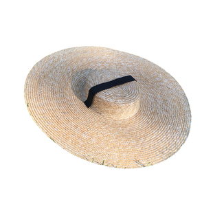 大沿夏季度假拍照麦秆草系带编织大帽檐平顶沙滩草帽遮阳帽女防晒