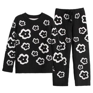 睡衣女秋冬季珊瑚绒加厚保暖毛线套头两件套长袖家居服甜美泫雅风
