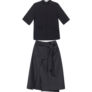 新中式餐厅火锅店服务员工作服套装弹力中式立领盘扣套装男女黑色