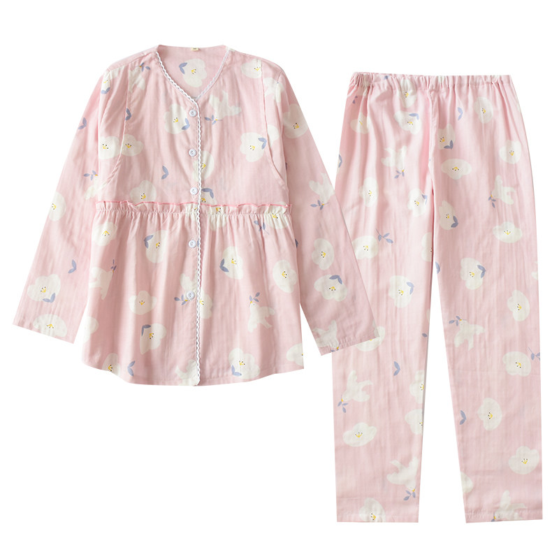 月子服春秋夏季薄款产后纯棉纱布哺乳孕妇装喂奶大码睡衣女家居服