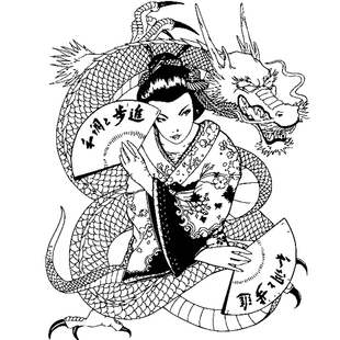 日本扇子舞艺伎与龙贴画仕女图装饰创意贴纸GEISHA网红背景墙贴