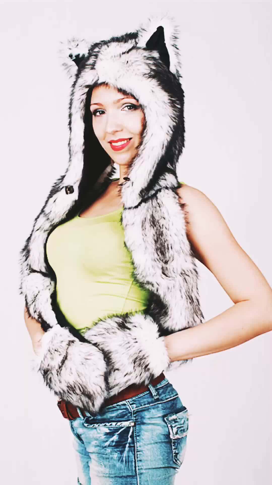 Novelty Long Animal Hood Furry Faux Fur Women's Winter Hat With Paws