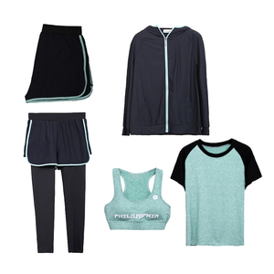 瑜伽服女运动套装女健身跑步速干五5件套女宽松性感大码胖mm春夏