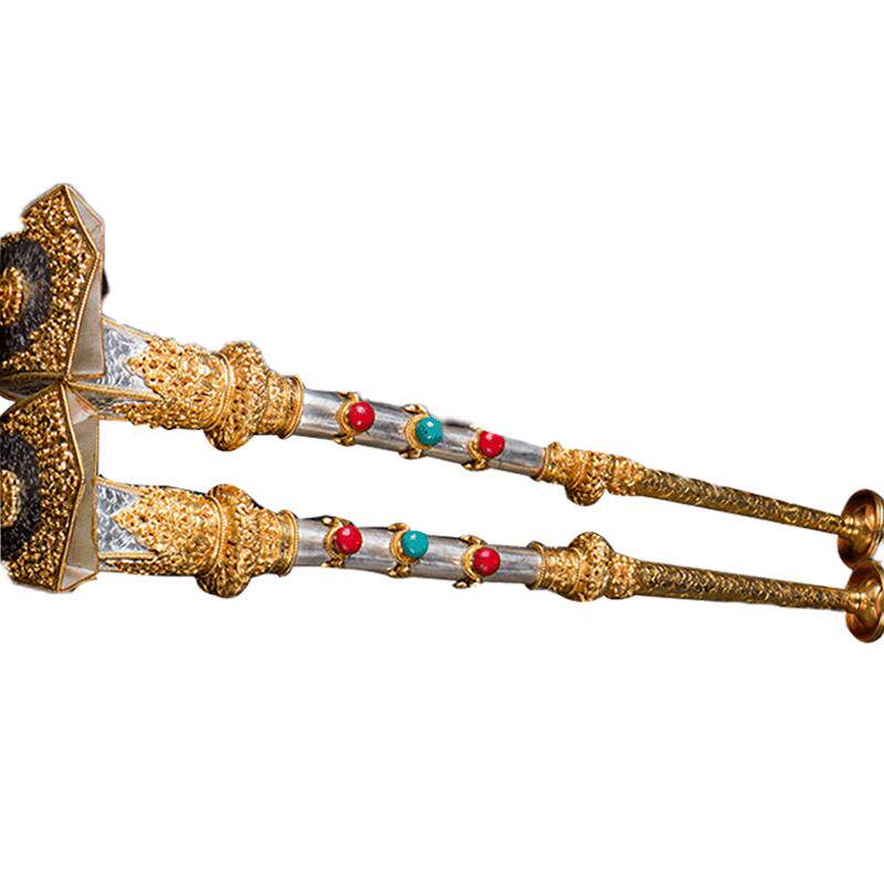 欧斯特 家用佛具居家供具唢呐喇叭尼泊尔手工铜镀金镀银筒钦一对