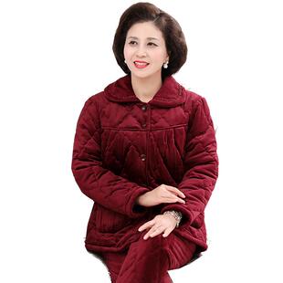 冬天中老年睡衣女法兰绒夹棉加厚款老人套装棉袄珊瑚绒妈妈家居服
