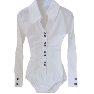 白色百搭连体衬衫女长袖韩版修身新款白领职业OLV领大码连裆衬衣