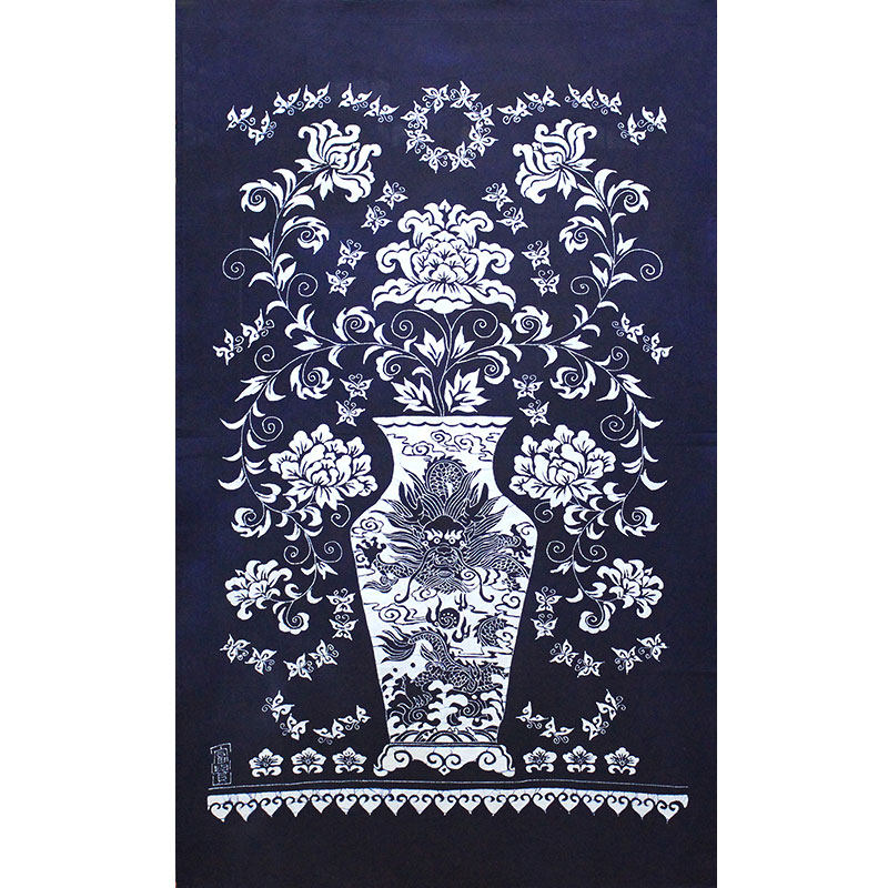 民族手工制作蜡染画富贵花瓶家居餐厅茶室装饰画台布茶几长形桌布