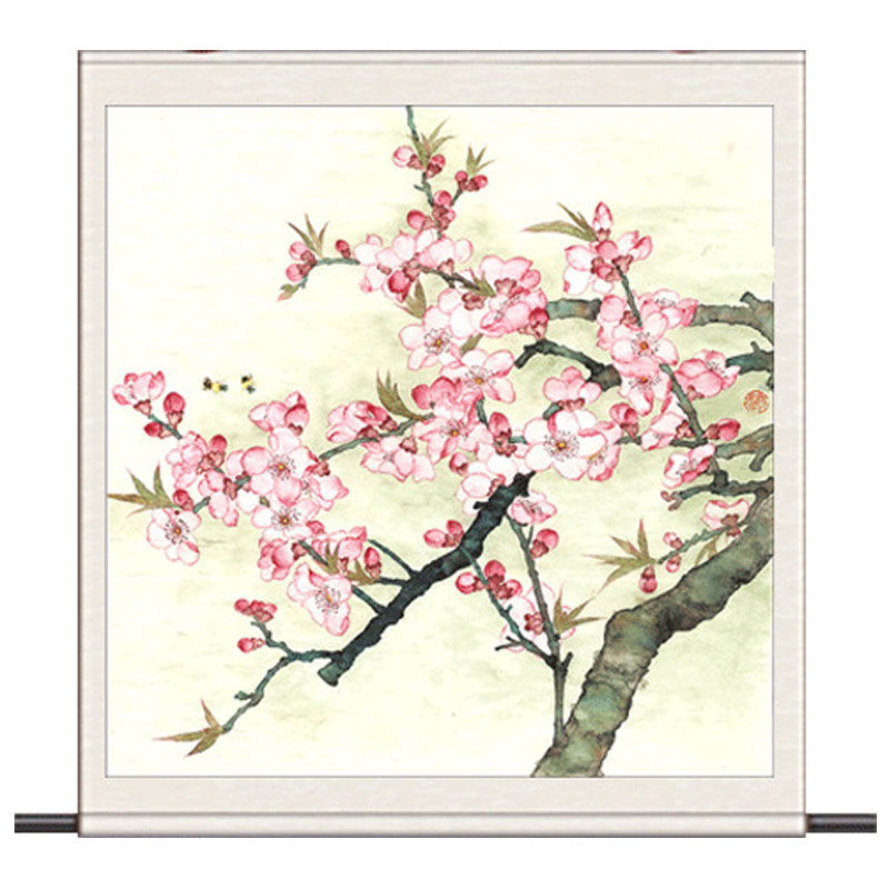 斗方茶楼招财送老春日花鸟卷轴画