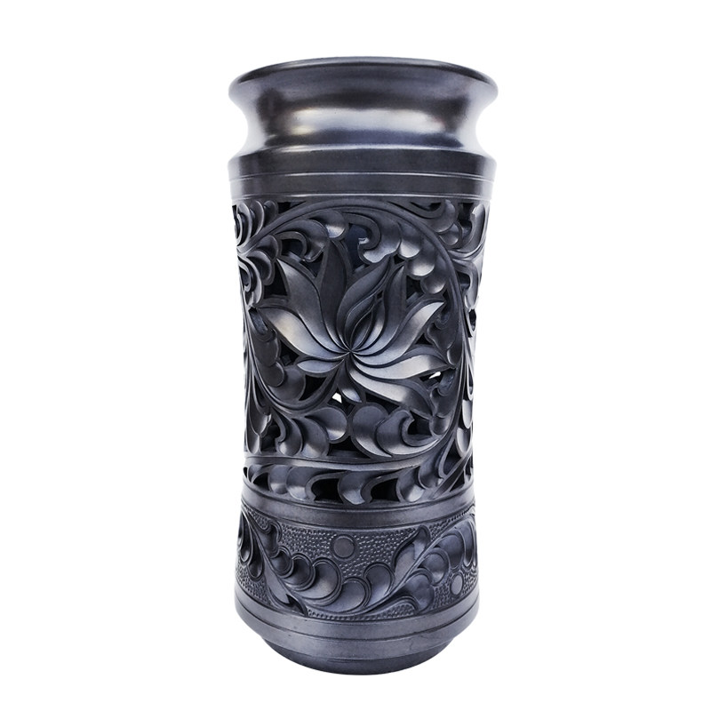 复古中国风手工艺品黑陶菊花毛笔笔筒文房办公室家居装饰花插摆件