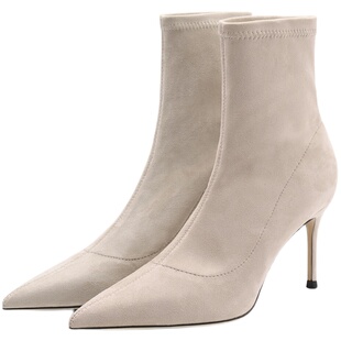 LUKE裸色弹力短靴女高跟鞋秋冬气质名媛百搭细高跟尖头磨砂瘦瘦靴