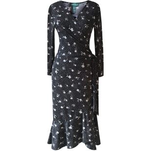 芭知彩秋季V领茶歇裙复古印花碎花通勤荷叶边飘逸淑女连衣裙