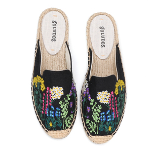 新款植物花卉草编麻底鞋亚麻帆布绣花室内防滑半拖鞋凉鞋女夏包邮
