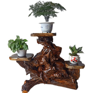 天然根雕花架木雕底座原盆景鱼缸落地实木多层树根室内外阳台摆件