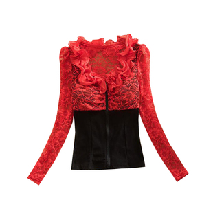 蕾丝打底衫女长袖春秋新款韩版修身T恤镂空短款外穿秋衣百搭上衣