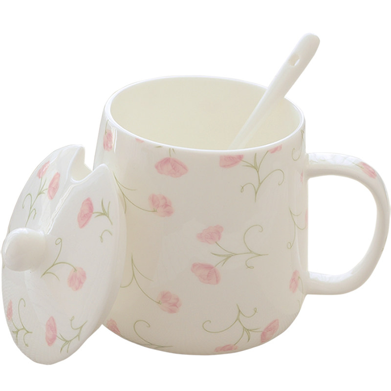 可微波炉骨瓷马克杯带盖带勺杯子女陶瓷早餐牛奶杯可爱儿童喝水杯