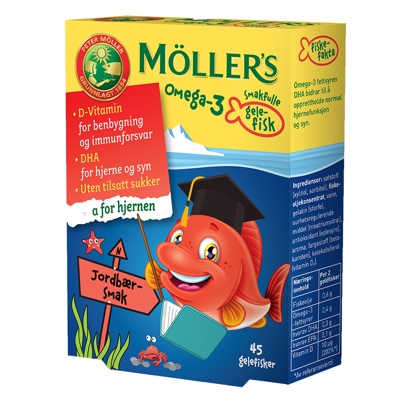 挪威Mollers沐乐思鱼油果冻软糖儿童3岁以上45粒*2草莓味DHA孕妇