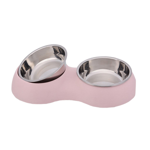 马卡龙色系高档三色防滑双碗不锈钢碗 猫碗 狗碗宠物碗 猫盆狗盆