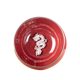 中国红建盏铁胎镶银鱼茶杯窑变茶盏鸡血红品茗杯主人杯银杯单杯