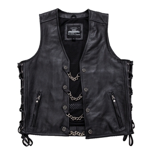 哈雷男款牛皮真皮马甲铁链门襟机车水洗加厚牛皮背心坎肩摩托车服