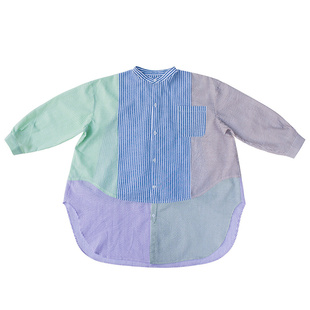 夏季新品女童装简约拼色条纹翻领宽松中长款衬衫防晒衣